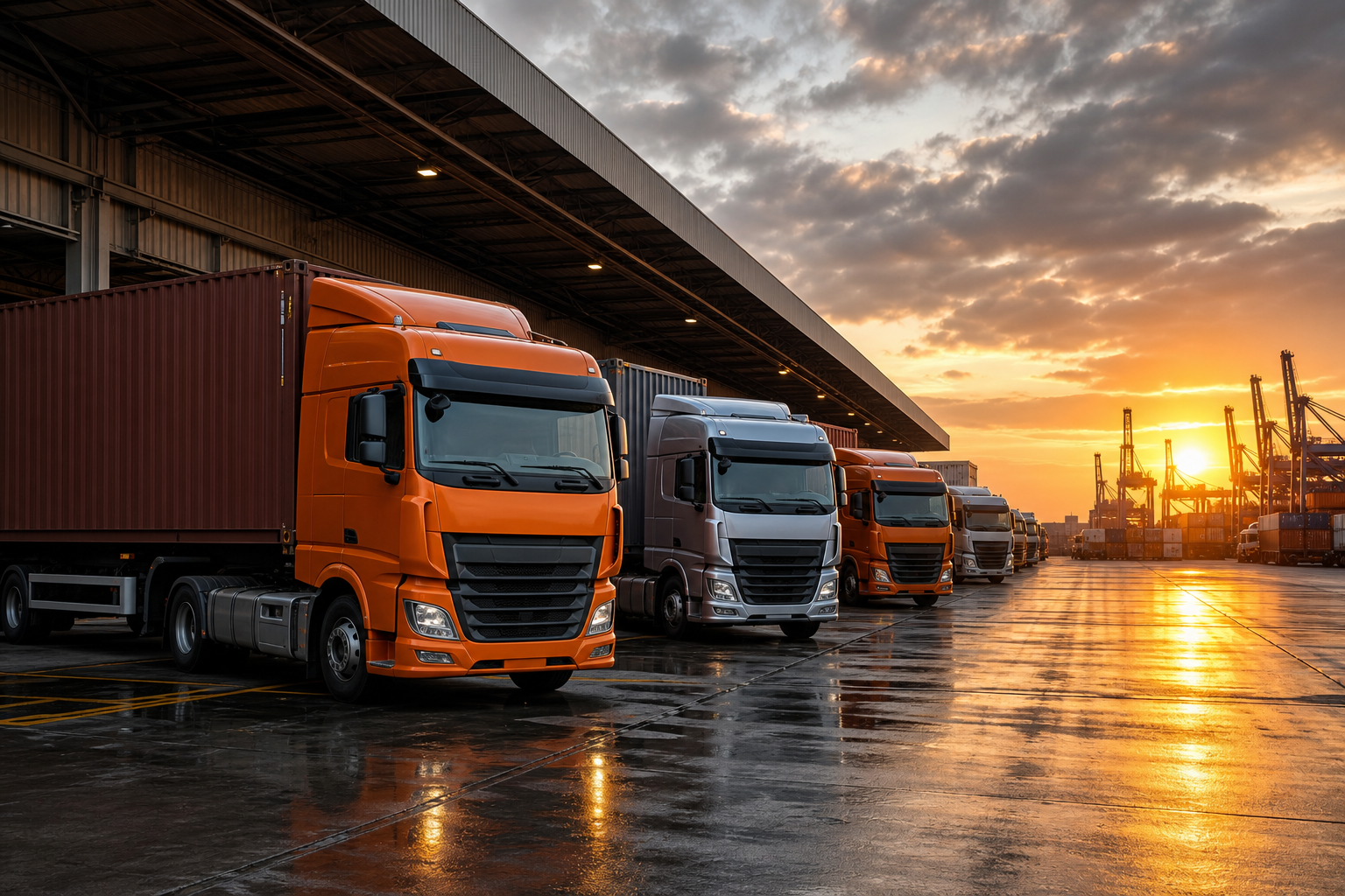 LKW-Flotte und Containerfahrzeuge an einem Logistikterminal bei Sonnenuntergang